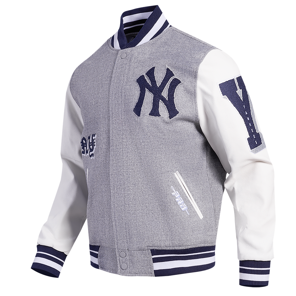 MLB NEW YORK YANKEES OLD ENGLISH BLOUSON COLLÉGIAL EN LAINE À BORDS CÔTELÉS POUR HOMME (GRIS CHINÉ/BLANC/MARINE MINUIT)