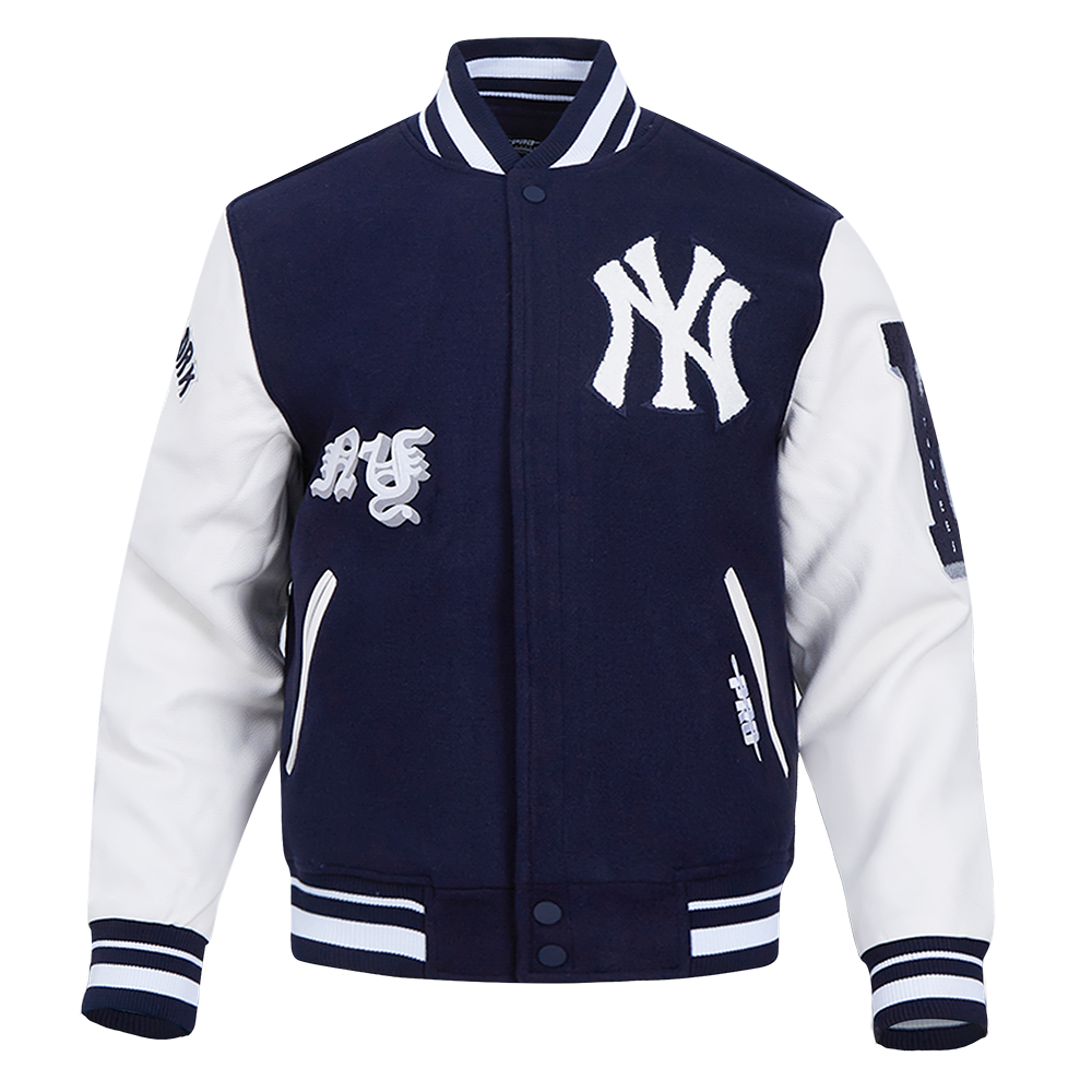 MLB NEW YORK YANKEES OLD ENGLISH BLOUSON COLLÉGIAL EN LAINE À BORDS CÔTELÉS POUR HOMME (MARINE MINUIT/BLANC)