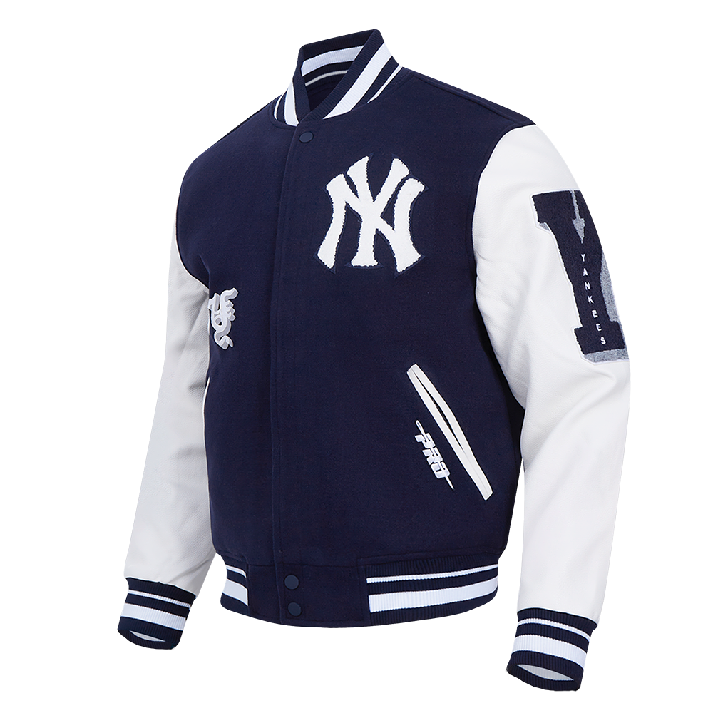 MLB NEW YORK YANKEES OLD ENGLISH BLOUSON COLLÉGIAL EN LAINE À BORDS CÔTELÉS POUR HOMME (MARINE MINUIT/BLANC)