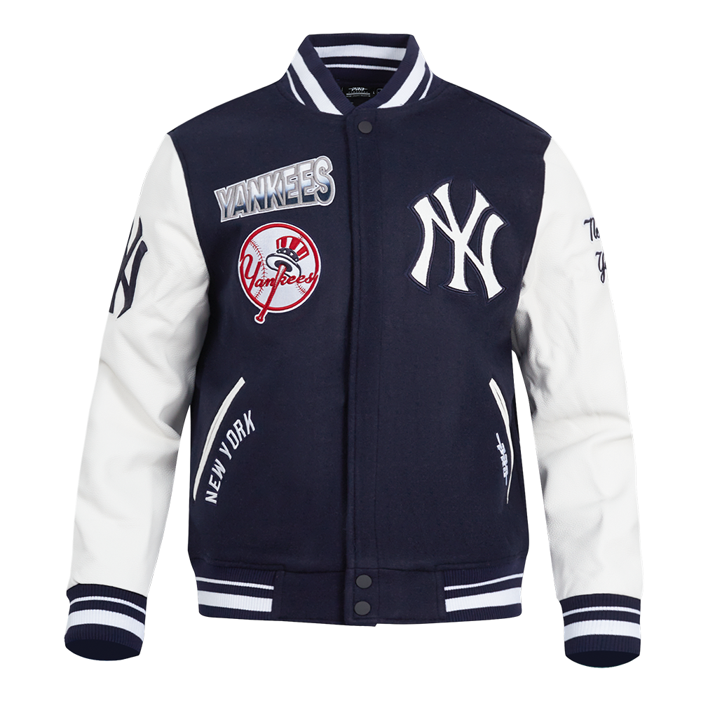 MLB NEW YORK YANKEES TURN IT UP BLOUSON COLLÉGIAL EN LAINE À BORDS CÔTELÉS POUR HOMME (MARINE MINUIT/BLANC)