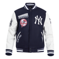 MLB NEW YORK YANKEES TURN IT UP BLOUSON COLLÉGIAL EN LAINE À BORDS CÔTELÉS POUR HOMME (MARINE MINUIT/BLANC)