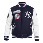 MLB NEW YORK YANKEES TURN IT UP BLOUSON COLLÉGIAL EN LAINE À BORDS CÔTELÉS POUR HOMME (MARINE MINUIT/BLANC)