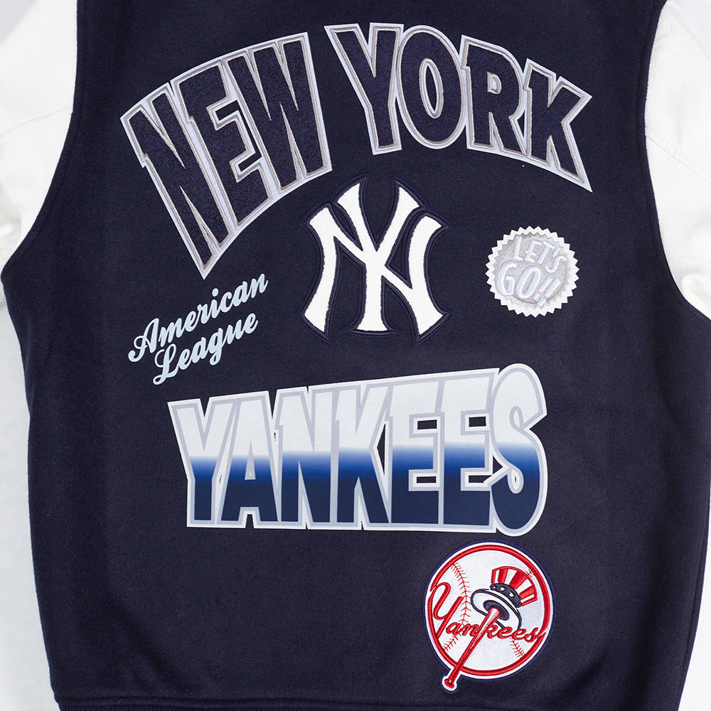 MLB NEW YORK YANKEES TURN IT UP BLOUSON COLLÉGIAL EN LAINE À BORDS CÔTELÉS POUR HOMME (MARINE MINUIT/BLANC)