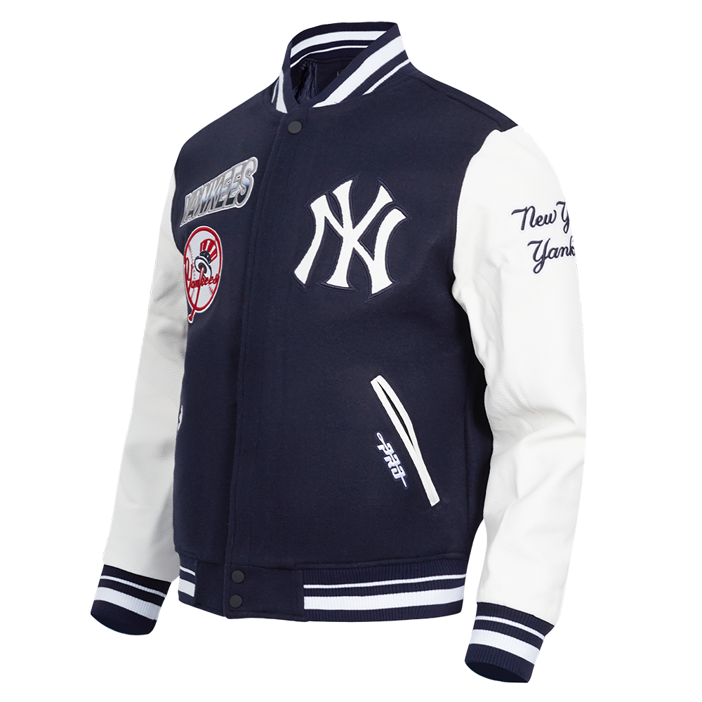 MLB NEW YORK YANKEES TURN IT UP BLOUSON COLLÉGIAL EN LAINE À BORDS CÔTELÉS POUR HOMME (MARINE MINUIT/BLANC)