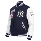 MLB NEW YORK YANKEES TURN IT UP BLOUSON COLLÉGIAL EN LAINE À BORDS CÔTELÉS POUR HOMME (MARINE MINUIT/BLANC)