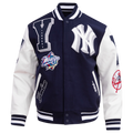 MLB NEW YORK YANKEES MASH UP BLOUSON COLLÉGIAL EN LAINE À BORDS CÔTELÉS POUR HOMME (MARINE MINUIT/BLANC)