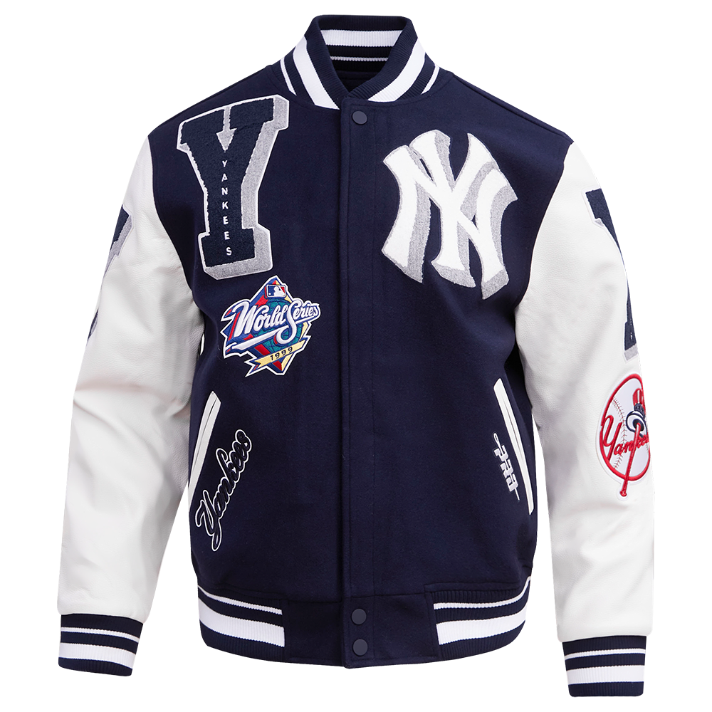 MLB NEW YORK YANKEES MASH UP BLOUSON COLLÉGIAL EN LAINE À BORDS CÔTELÉS POUR HOMME (MARINE MINUIT/BLANC)