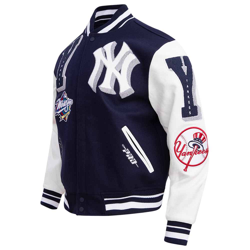 MLB NEW YORK YANKEES MASH UP BLOUSON COLLÉGIAL EN LAINE À BORDS CÔTELÉS POUR HOMME (MARINE MINUIT/BLANC)