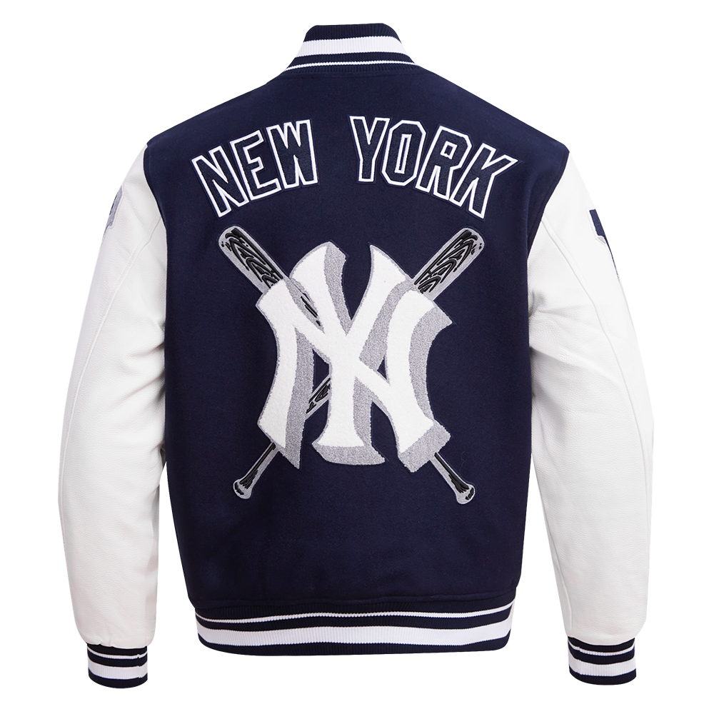 MLB NEW YORK YANKEES MASH UP BLOUSON COLLÉGIAL EN LAINE À BORDS CÔTELÉS POUR HOMME (MARINE MINUIT/BLANC)