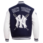 MLB NEW YORK YANKEES MASH UP BLOUSON COLLÉGIAL EN LAINE À BORDS CÔTELÉS POUR HOMME (MARINE MINUIT/BLANC)