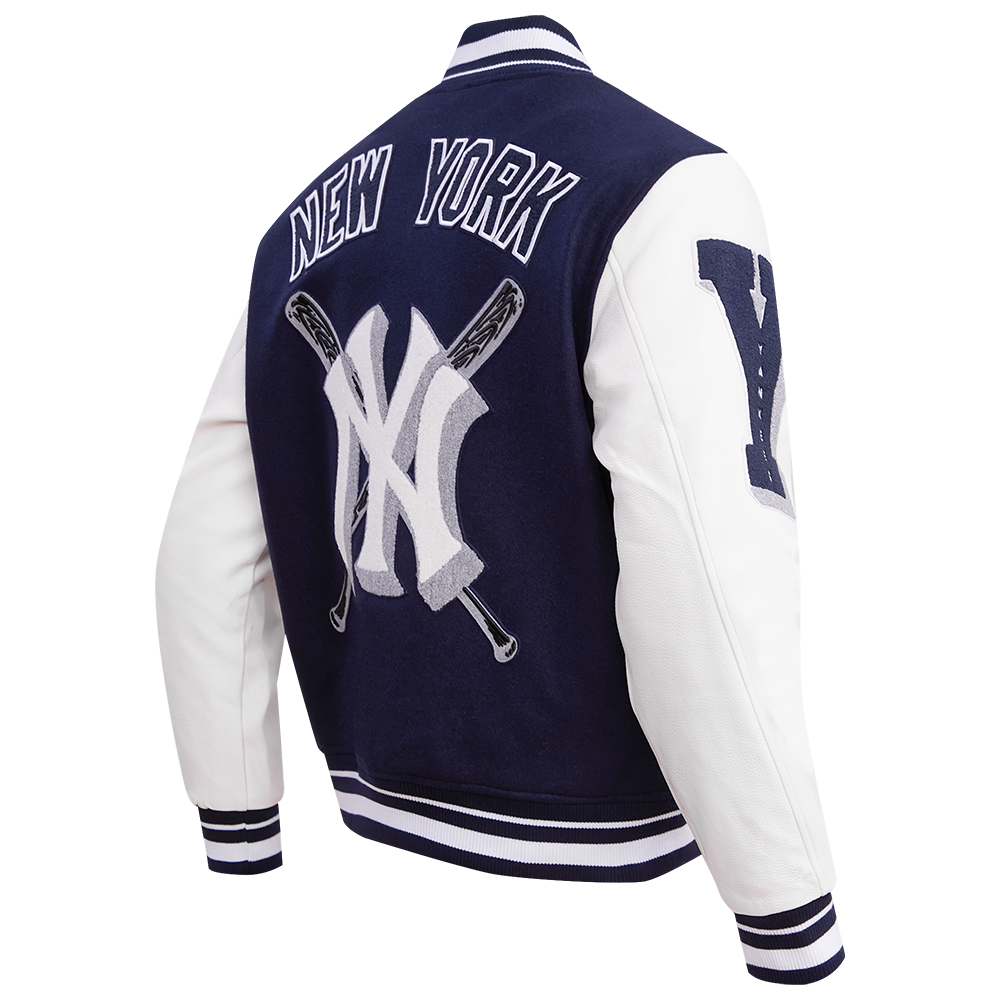 MLB NEW YORK YANKEES MASH UP BLOUSON COLLÉGIAL EN LAINE À BORDS CÔTELÉS POUR HOMME (MARINE MINUIT/BLANC)
