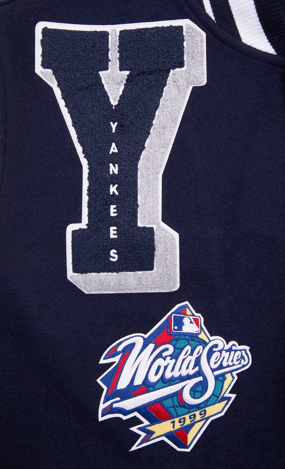 MLB NEW YORK YANKEES MASH UP BLOUSON COLLÉGIAL EN LAINE À BORDS CÔTELÉS POUR HOMME (MARINE MINUIT/BLANC)