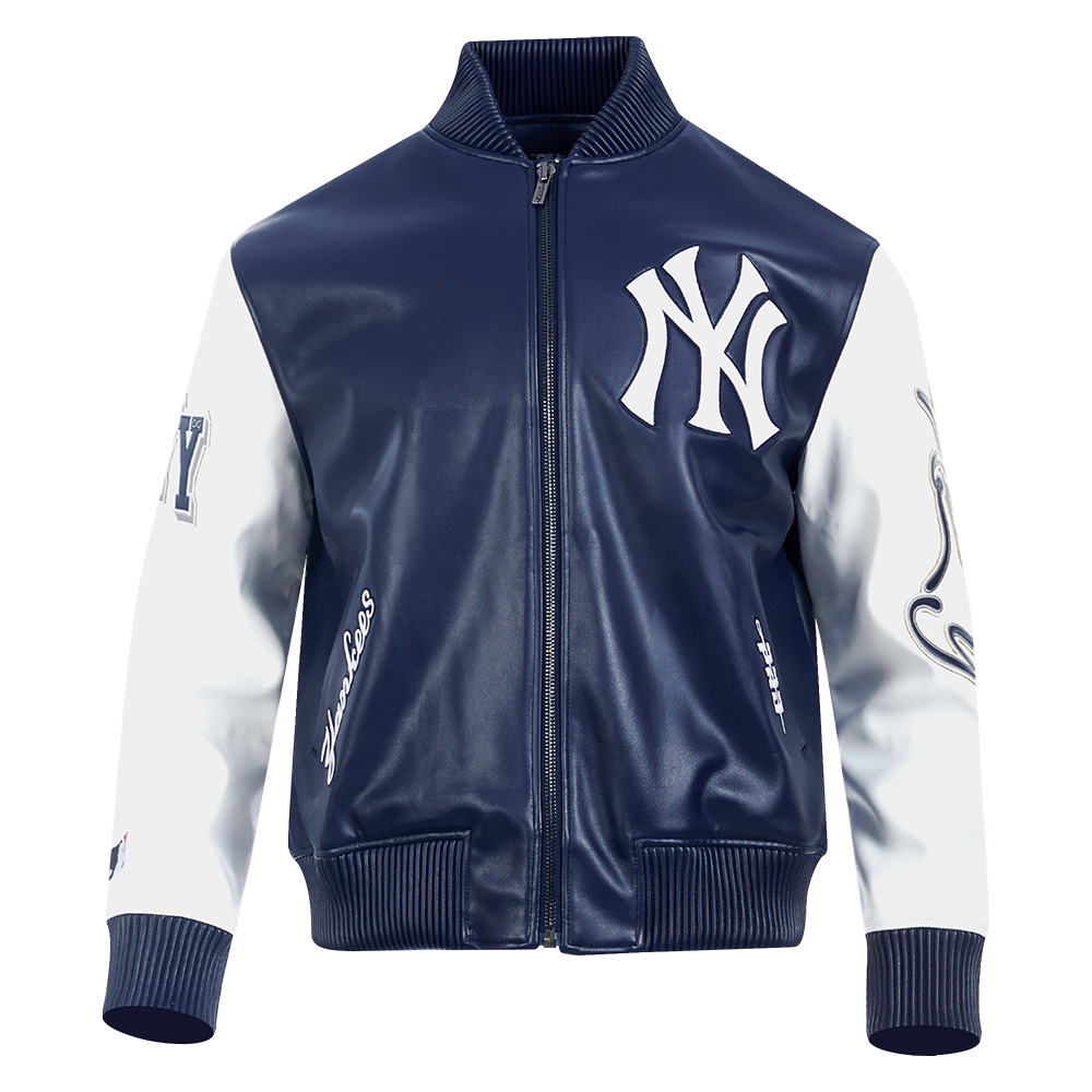 MLB NEW YORK YANKEES CITY SIGNATURE MEN'S LEATHER VARSITY JACKET (MIDNIGHT NAVY/WHITE)
