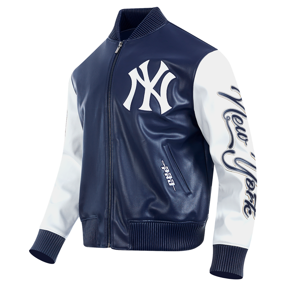 MLB NEW YORK YANKEES CITY SIGNATURE MEN'S LEATHER VARSITY JACKET (MIDNIGHT NAVY/WHITE)