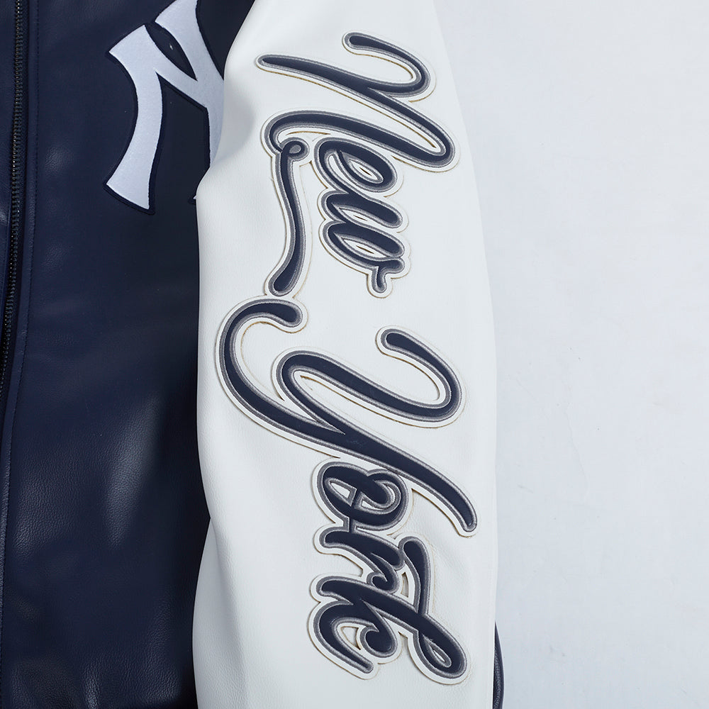 MLB NEW YORK YANKEES CITY SIGNATURE MEN'S LEATHER VARSITY JACKET (MIDNIGHT NAVY/WHITE)