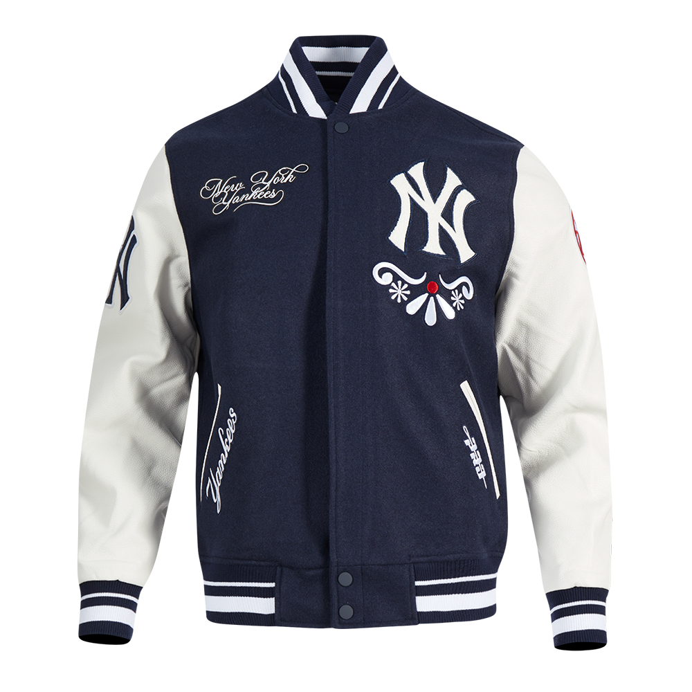 MLB NEW YORK YANKEES SUGAR SKULL BLOUSON COLLÉGIAL EN LAINE À BORDS CÔTELÉS POUR HOMME (MARINE MINUIT/BLANC)