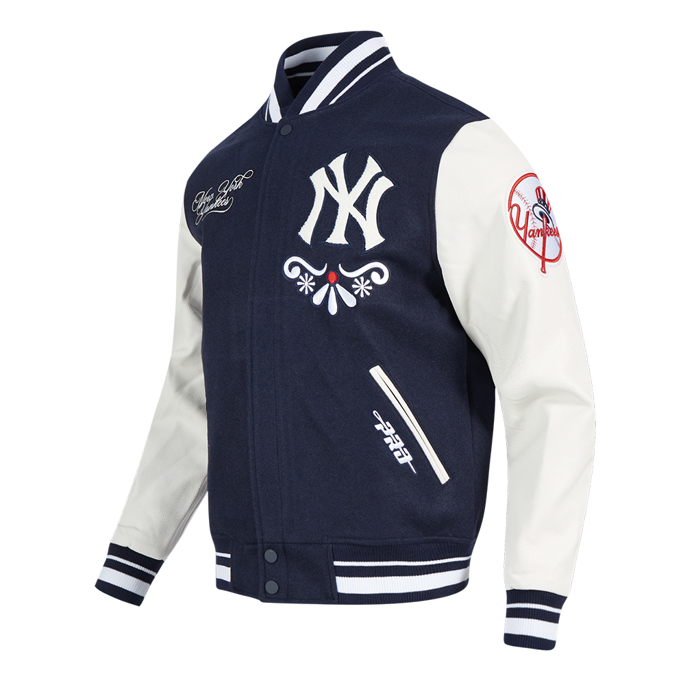 MLB NEW YORK YANKEES SUGAR SKULL BLOUSON COLLÉGIAL EN LAINE À BORDS CÔTELÉS POUR HOMME (MARINE MINUIT/BLANC)