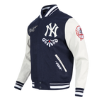 MLB NEW YORK YANKEES SUGAR SKULL BLOUSON COLLÉGIAL EN LAINE À BORDS CÔTELÉS POUR HOMME (MARINE MINUIT/BLANC)