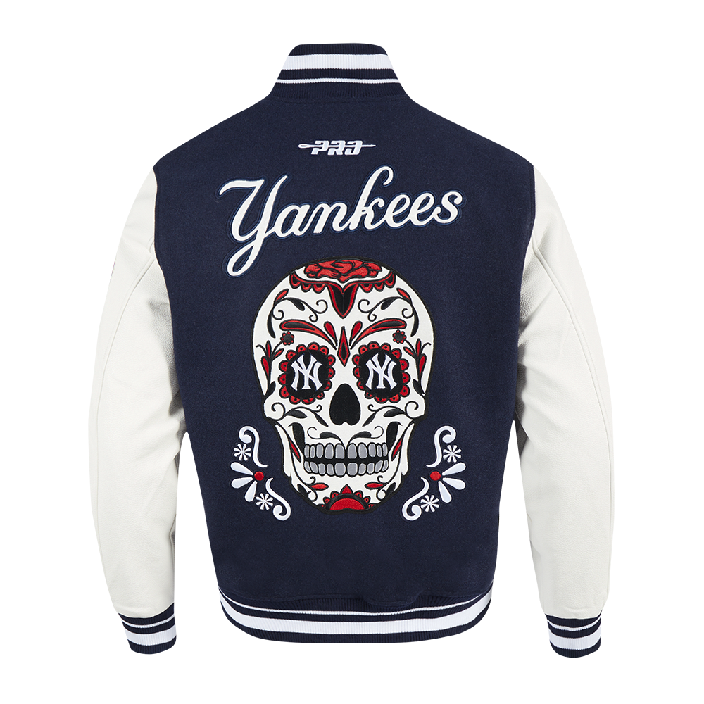 MLB NEW YORK YANKEES SUGAR SKULL BLOUSON COLLÉGIAL EN LAINE À BORDS CÔTELÉS POUR HOMME (MARINE MINUIT/BLANC)
