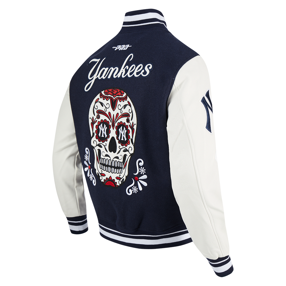 MLB NEW YORK YANKEES SUGAR SKULL BLOUSON COLLÉGIAL EN LAINE À BORDS CÔTELÉS POUR HOMME (MARINE MINUIT/BLANC)