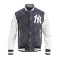 MLB NEW YORK YANKEES REBEL ATHLETICS BLOUSON COLLÉGIAL EN DENIM POUR HOMME (NOIR DÉLAVÉ/COQUILLE D'ŒUF)