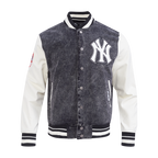 MLB NEW YORK YANKEES REBEL ATHLETICS BLOUSON COLLÉGIAL EN DENIM POUR HOMME (NOIR DÉLAVÉ/COQUILLE D'ŒUF)