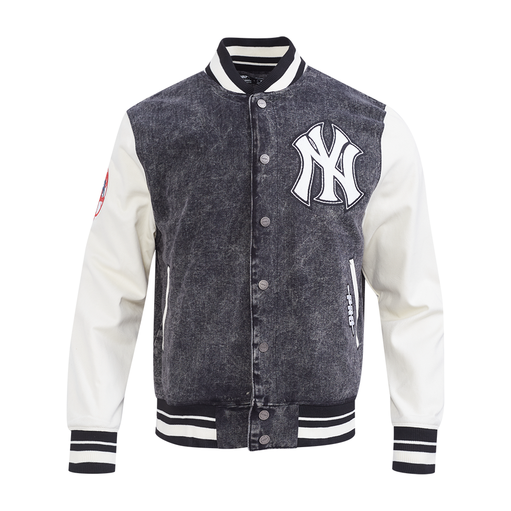 MLB NEW YORK YANKEES REBEL ATHLETICS BLOUSON COLLÉGIAL EN DENIM POUR HOMME (NOIR DÉLAVÉ/COQUILLE D'ŒUF)