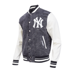 MLB NEW YORK YANKEES REBEL ATHLETICS BLOUSON COLLÉGIAL EN DENIM POUR HOMME (NOIR DÉLAVÉ/COQUILLE D'ŒUF)
