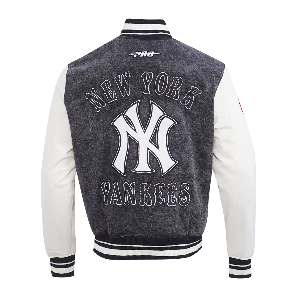 MLB NEW YORK YANKEES REBEL ATHLETICS BLOUSON COLLÉGIAL EN DENIM POUR HOMME (NOIR DÉLAVÉ/COQUILLE D'ŒUF)