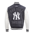 MLB NEW YORK YANKEES REBEL ATHLETICS BLOUSON COLLÉGIAL EN DENIM POUR HOMME (NOIR DÉLAVÉ/COQUILLE D'ŒUF)