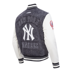 MLB NEW YORK YANKEES REBEL ATHLETICS BLOUSON COLLÉGIAL EN DENIM POUR HOMME (NOIR DÉLAVÉ/COQUILLE D'ŒUF)