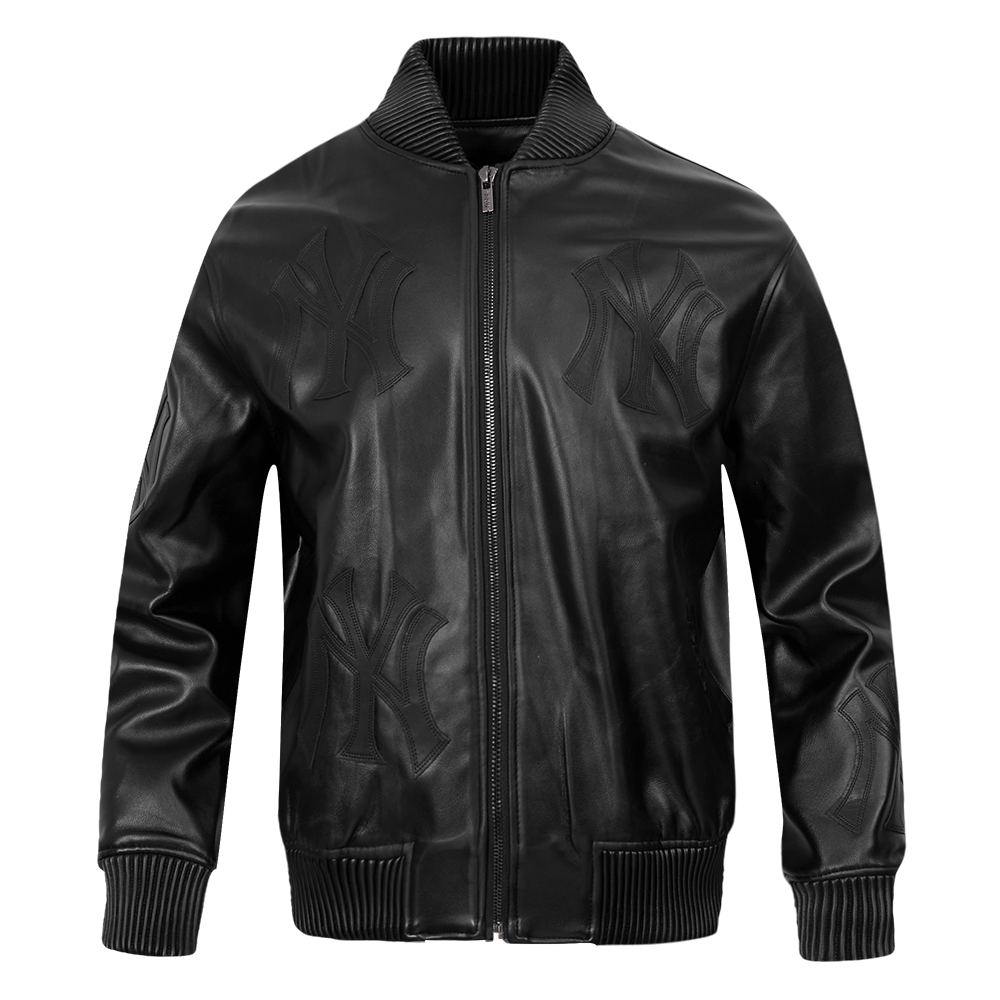 MLB NEW YORK YANKEES WASHED VANGUARD MEN'S LEATHER VARSITY JACKET (JET BLACK)