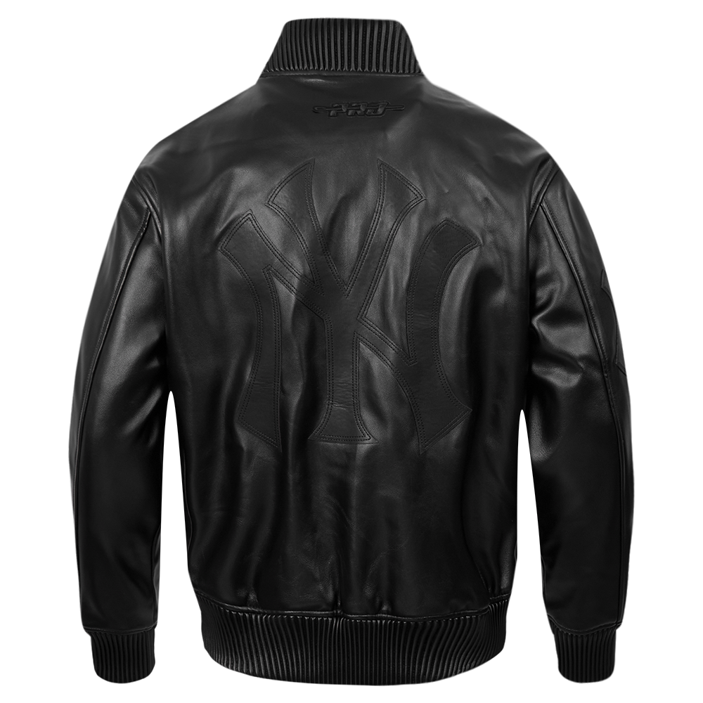 MLB NEW YORK YANKEES WASHED VANGUARD MEN'S LEATHER VARSITY JACKET (JET BLACK)