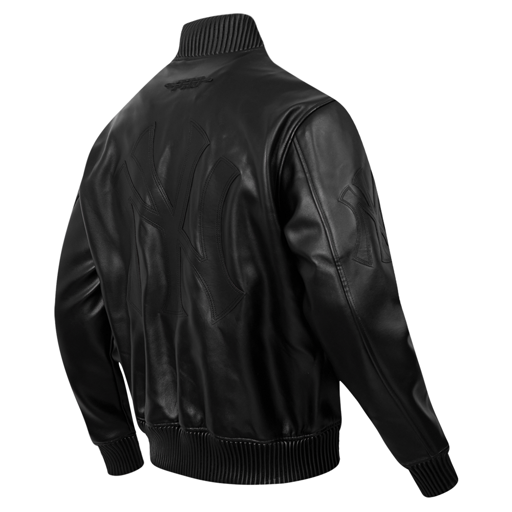 MLB NEW YORK YANKEES WASHED VANGUARD MEN'S LEATHER VARSITY JACKET (JET BLACK)