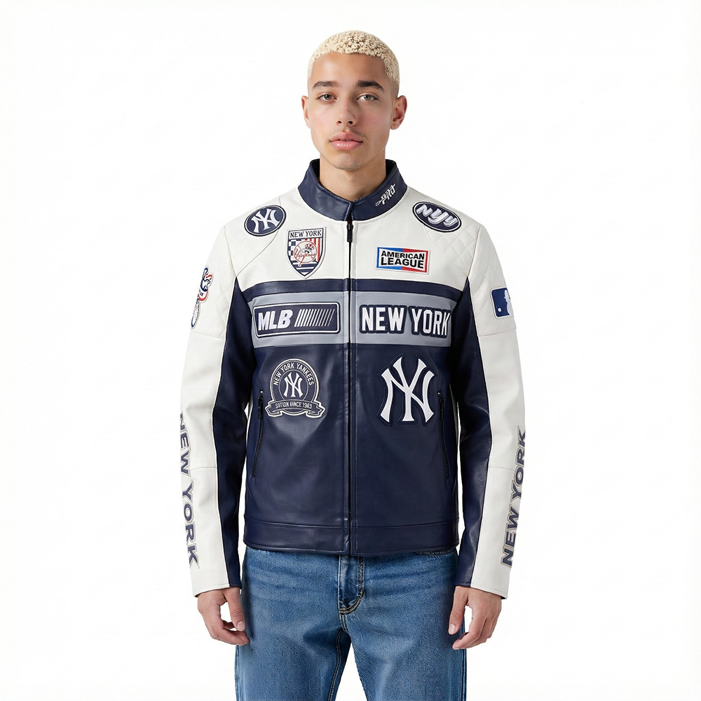 MLB NEW YORK YANKEES MEN'S MOTO JACKET (EGGSHELL/ MIDNIGHT NAVY)