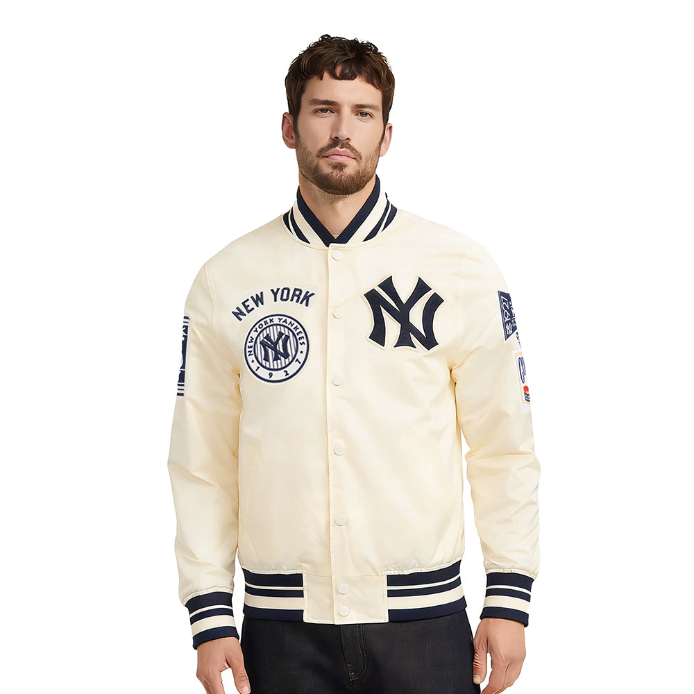 MLB NEW YORK YANKEES RETRO CLASSICS MEN'S PRO SATIN YD RIB JACKET (EGGSHELL/ MIDNIGHT NAVY)
