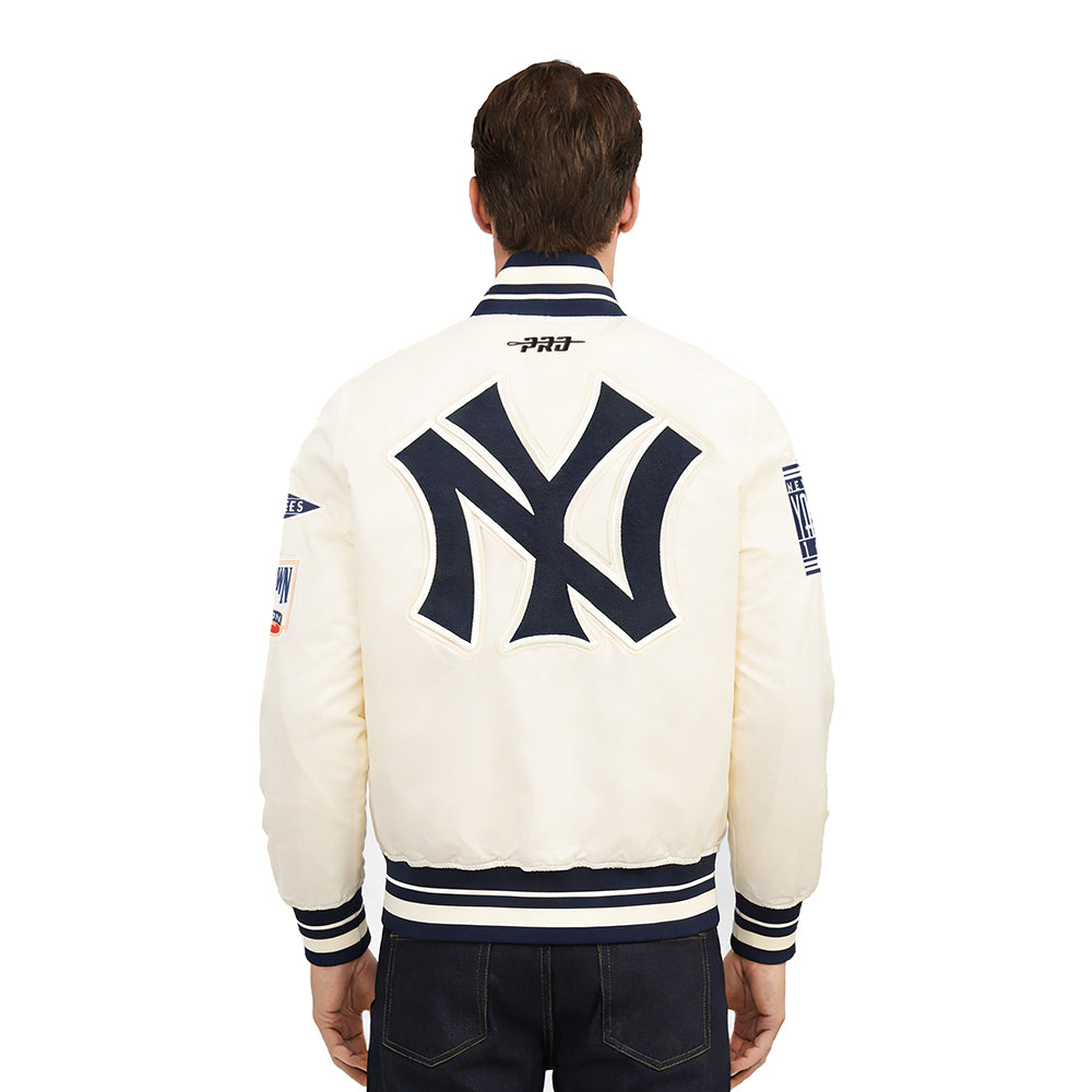 MLB NEW YORK YANKEES RETRO CLASSICS MEN'S PRO SATIN YD RIB JACKET (EGGSHELL/ MIDNIGHT NAVY)