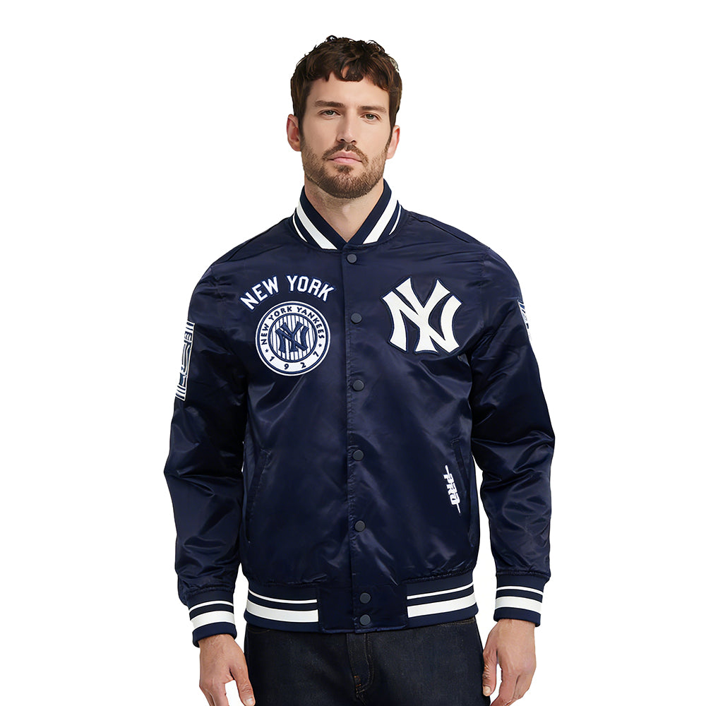 MLB NEW YORK YANKEES RETRO CLASSICS BLOUSON PRO EN SATIN À BORDS CÔTELÉS TEINTS EN FIL POUR HOMME (MARINE MINUIT)
