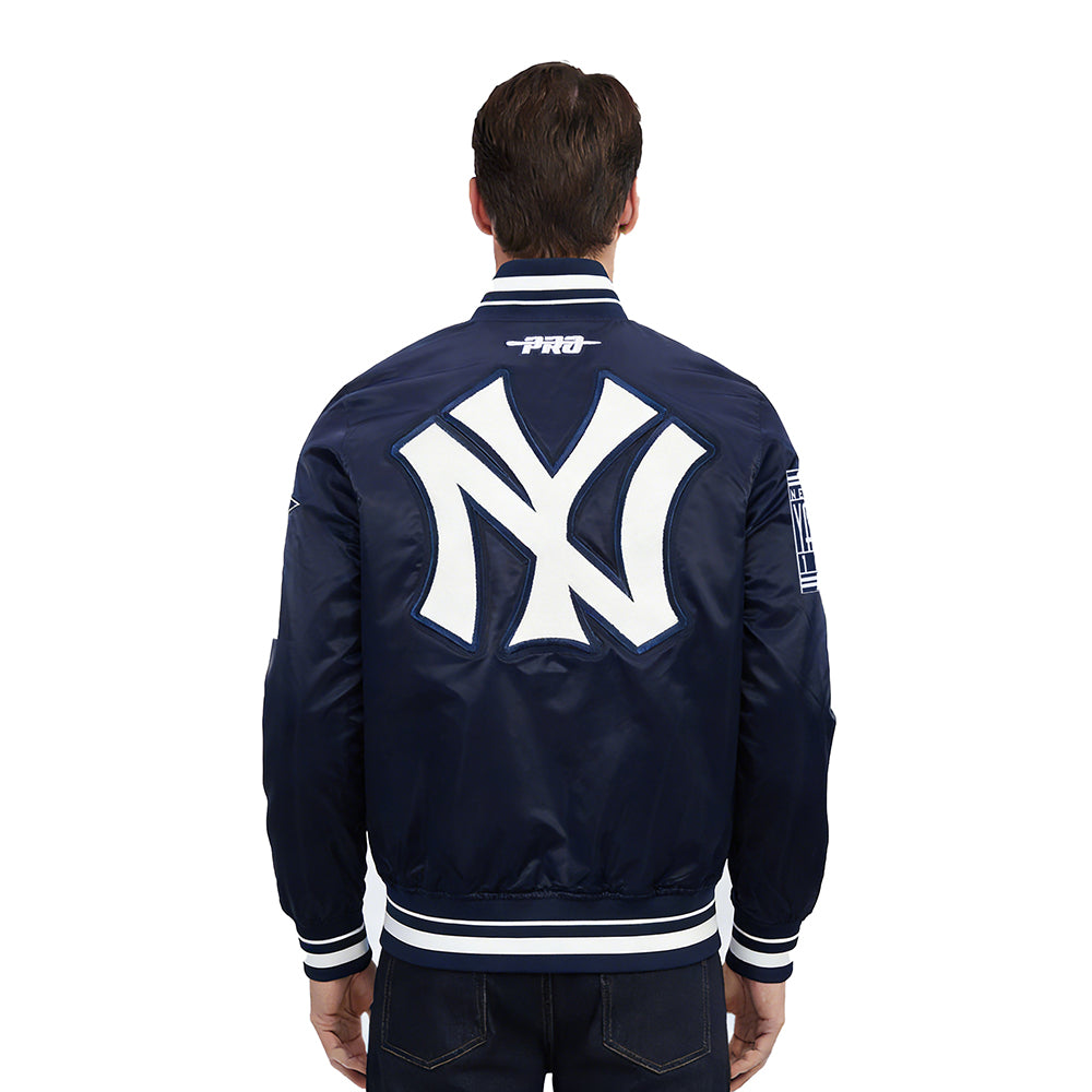 MLB NEW YORK YANKEES RETRO CLASSICS BLOUSON PRO EN SATIN À BORDS CÔTELÉS TEINTS EN FIL POUR HOMME (MARINE MINUIT)