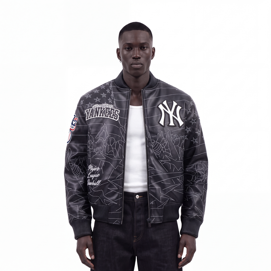 MLB NEW YORK YANKEES PRO PREMIUM MEN'S TOPSTITCH LEATHER VARSITY JACKET (BLACK)