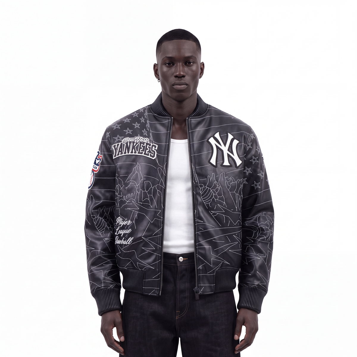 MLB NEW YORK YANKEES PRO PREMIUM MEN'S TOPSTITCH LEATHER VARSITY JACKET (BLACK)