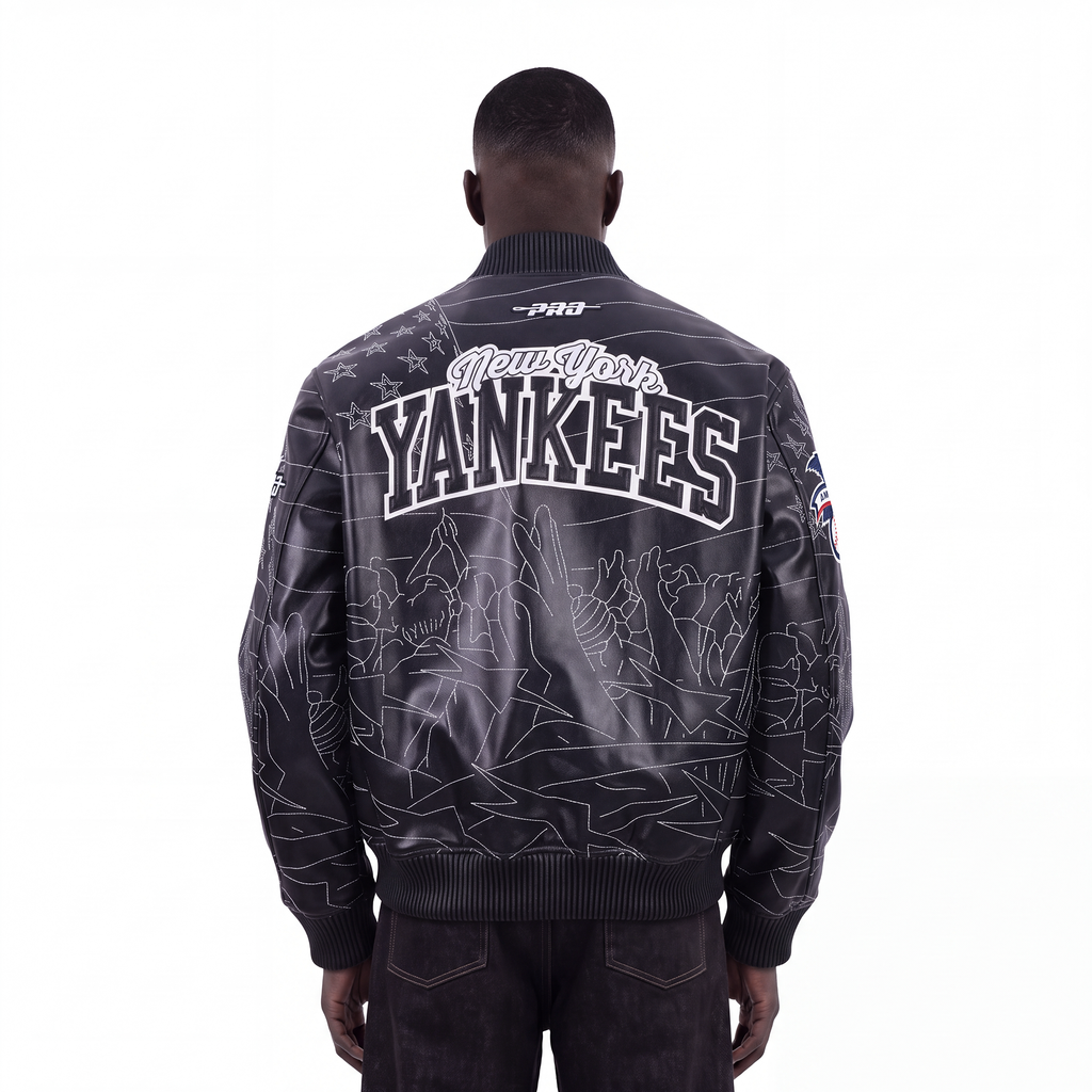 MLB NEW YORK YANKEES PRO PREMIUM MEN'S TOPSTITCH LEATHER VARSITY JACKET (BLACK)