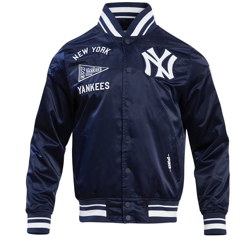 MLB NEW YORK YANKEES RETRO CLASSIC BLOUSON EN SATIN À BORDS CÔTELÉS POUR HOMME (MARINE MINUIT)
