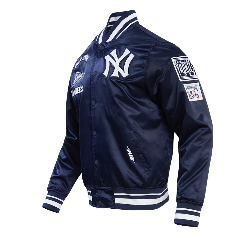 MLB NEW YORK YANKEES RETRO CLASSIC BLOUSON EN SATIN À BORDS CÔTELÉS POUR HOMME (MARINE MINUIT)