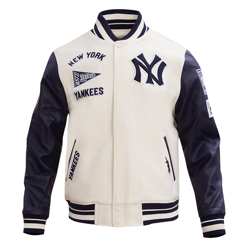 MLB NEW YORK YANKEES RETRO CLASSIC MEN'S RIB WOOL VARSITY JACKET (EGGSHELL/MIDNIGHT NAVY)
