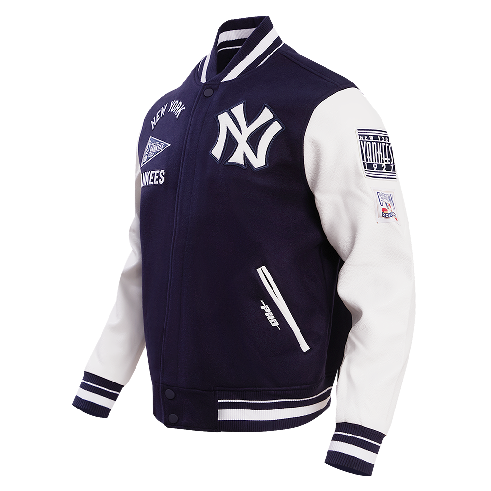 MLB NEW YORK YANKEES RETRO CLASSIC BLOUSON COLLÉGIAL EN LAINE À BORDS CÔTELÉS POUR HOMME (MARINE MINUIT/BLANC)
