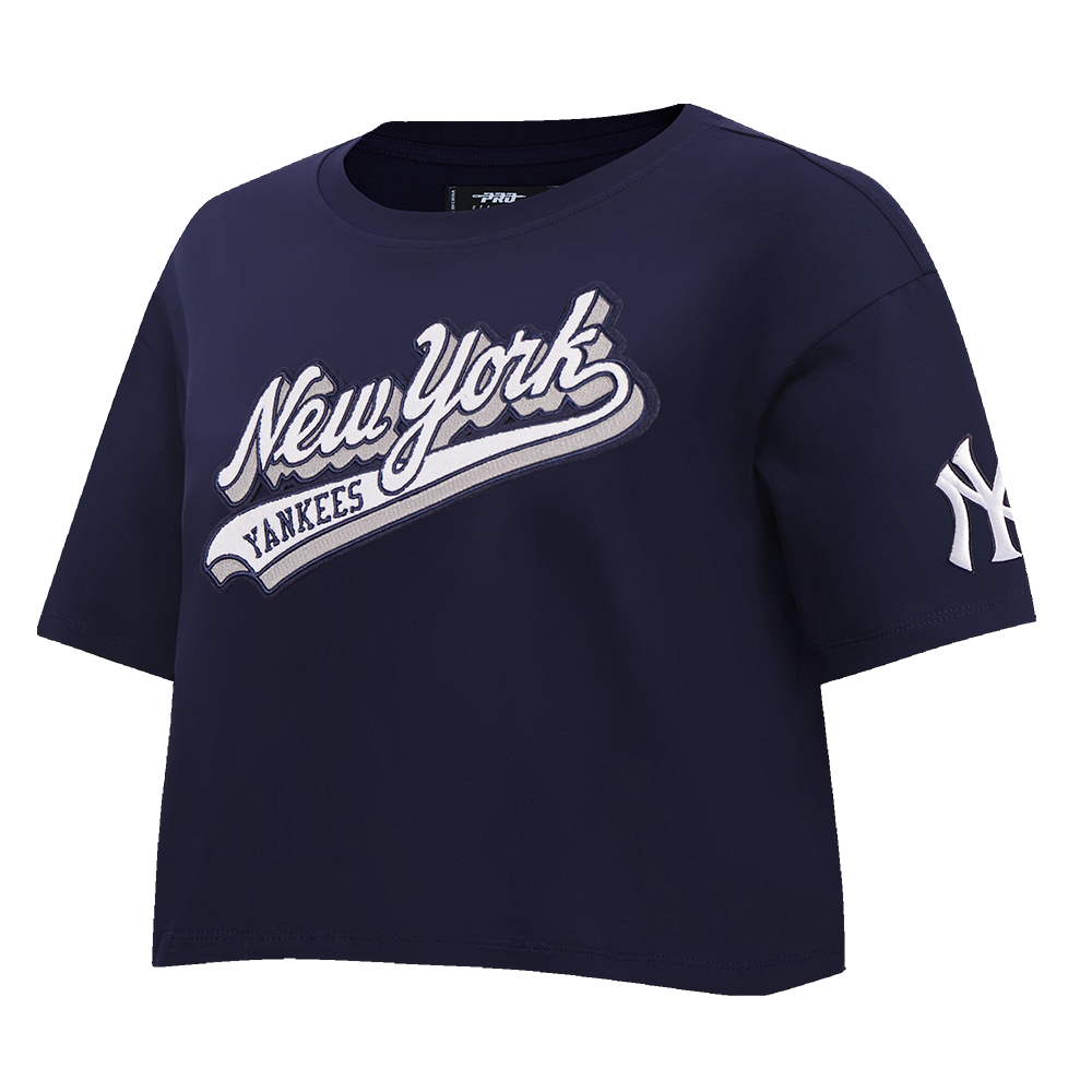 MLB NEW YORK YANKEES SCRIPT TAIL WOMEN'S SINGLE JERSEY BOXY TOP (MIDNIGHT NAVY)