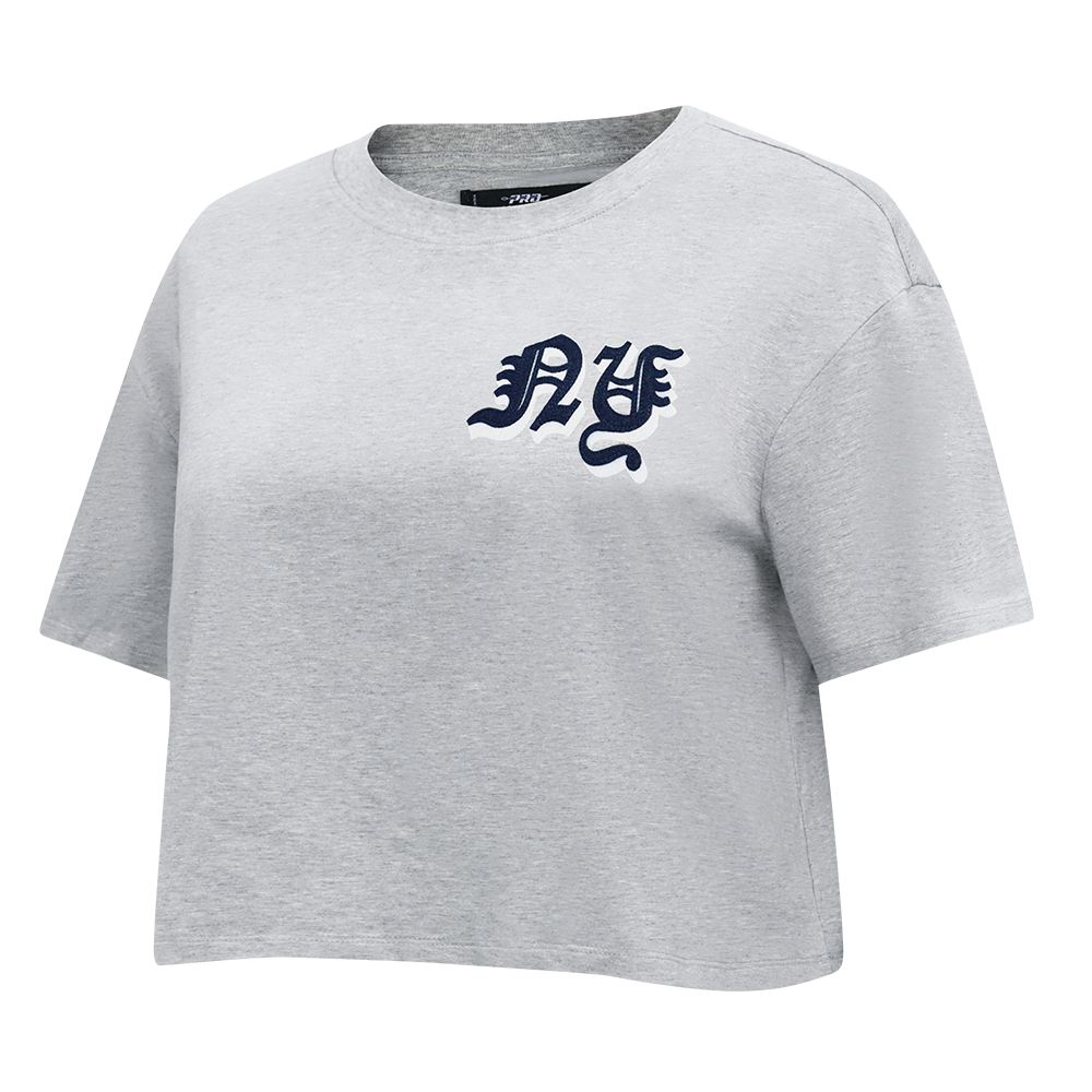 MLB NEW YORK YANKEES OLD ENGLISH WOMEN'S SINGLE JERSEY BOXY TEE (HEATHER GREY)