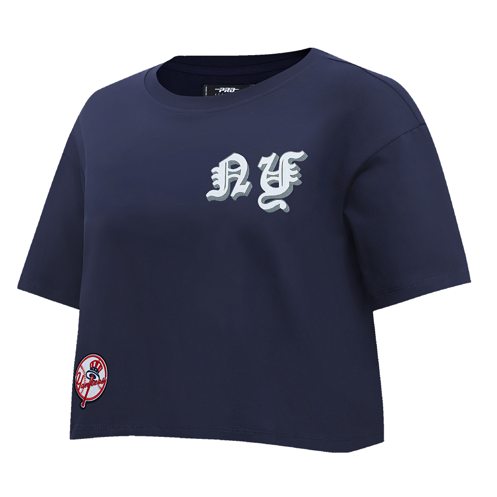 MLB NEW YORK YANKEES OLD ENGLISH WOMEN'S SINGLE JERSEY BOXY TEE (MIDNIGHT NAVY)