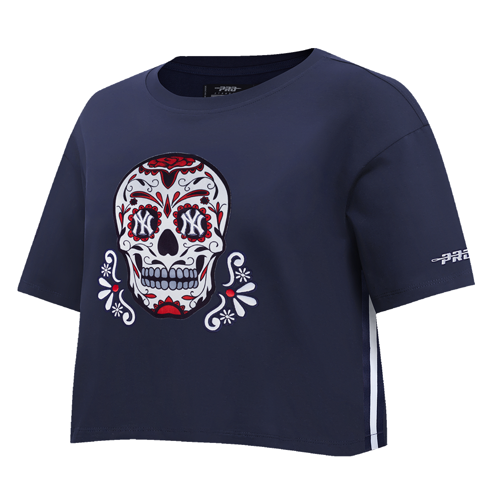 MLB NEW YORK YANKEES SUGAR SKULL WOMEN'S SINGLE JERSEY BOXY TOP (MIDNIGHT NAVY)